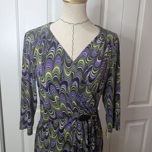 Robbie Bee Vintage Purple and Green Swirl Long Sleeve Dress
